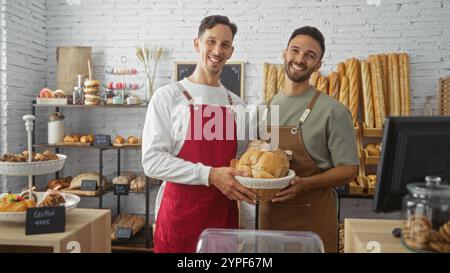 Deux hommes adultes, boulangers, souriant ensemble dans une boulangerie intérieure confortable entourée de pain frais et de viennoiseries exposées. Banque D'Images