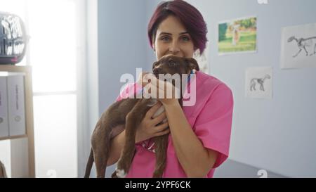 Une jeune vétérinaire en uniforme rose tient un petit chien brun à l'intérieur d'une salle clinique décorée d'affiches d'anatomie animale. Banque D'Images