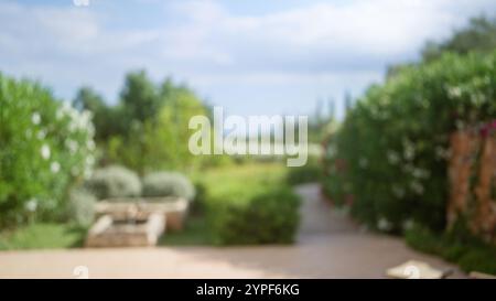 Scène extérieure à majorque avec une verdure floue et un chemin, capturant une vue sur le jardin sereine et flou avec effet bokeh Banque D'Images