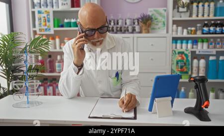 Homme pharmacien barbu senior aux cheveux gris en manteau blanc écrivant sur le presse-papiers tout en parlant au téléphone à l'intérieur de la pharmacie Banque D'Images