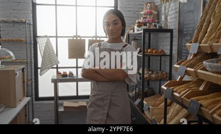 Attrayante jeune femme hispanique avec des stands de cheveux bruns avec les bras croisés dans une salle de boulangerie intérieure confortable remplie de pain frais et de pâtisseries, showcas Banque D'Images