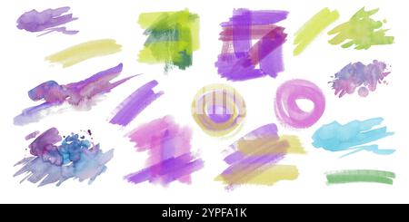 Ensemble de taches acides en technique pastel et aquarelle. Couleurs vert, violet, rose et jaune bleu dans un mouvement dynamique. Gros coups de pinceau, taches et éclaboussures Banque D'Images