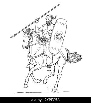 Cavalier celtique à l'attaque. Dessin historique à la main. Banque D'Images