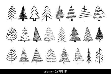 Arbres de Noël dessinés à la main. Ensemble de seize illustrations croisées monochromes de FIRS. Éléments de gribouillage pour les vacances d'hiver. Illustration vectorielle Illustration de Vecteur