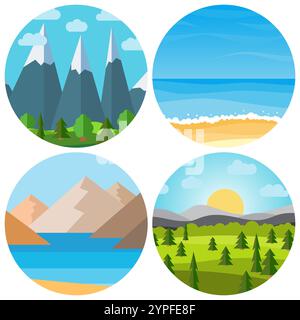 Ensemble de quatre paysages de dessin animé vectoriel différents en cercle. Paysage naturel dans le style plat. Illustration de Vecteur