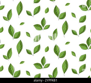 motif sans couture des feuilles vertes. Illustration vectorielle de ligne graphique dessinée à la main. Conception pour emballage vintage. Style gravé. Illustration de Vecteur