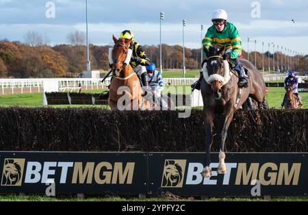 Newcastle, Royaume-Uni, samedi 30 novembre 2024 ; Ilikedwayurthinkin et le jockey Richie McLernon remportent le BetMGM handicap Chase pour l’entraîneur Ben Haslam et le propriétaire Mr J. P. McManus. Crédit JTW Equine images / Alamy. Banque D'Images