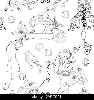 Mannequin vintage avec arrangement floral et outils de couture - boutons, aiguilles, ciseaux. Mode ancienne, modèle sans couture de couturier, fond Illustration de Vecteur