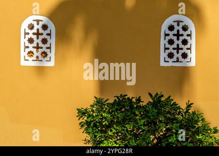 Un mur à Taroudant avec des éléments décoratifs marocains typiques, y compris des fenêtres cintrées Banque D'Images