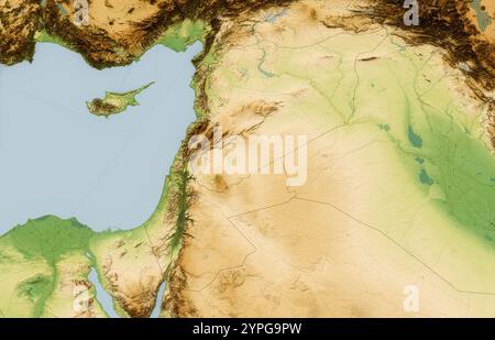 Carte physique du monde, vue satellite du moyen-Orient, Asie. Liban, Israël et Syrie. Reliefs et océans. rendu 3d. Banque D'Images