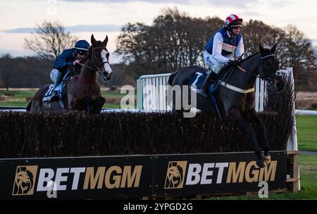 Newcastle, Royaume-Uni, samedi 30 novembre 2024 ; Frero Banbou et le jockey Ned Fox remportent le BetMGM Rehearsal handicap Chase pour l’entraîneur Venetia Williams et le propriétaire Mr P. Davies. Crédit JTW Equine images / Alamy. Banque D'Images