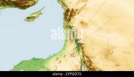 Carte physique du monde, vue satellite du moyen-Orient, Asie. Liban, Israël et Syrie. Reliefs et océans. rendu 3d. Banque D'Images