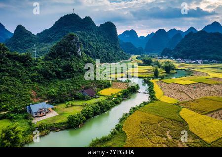 Vue aérienne de la vallée de Phong Nam avec champ de riz et rivière sinueuse coule à travers le village traditionnel dans la campagne à Cao Bang, Vietnam Banque D'Images