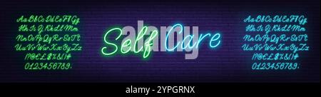 Panneau de néon d'auto-entretien sur fond de mur de briques. Modèle pour texte avec alphabet bleu et vert néon. Illustration de Vecteur