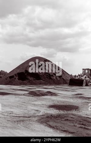 Tas de compost, fabriqués à partir de fumier de vache, retournés et empilés dans une usine de production dans le Michigan, États-Unis. Banque D'Images