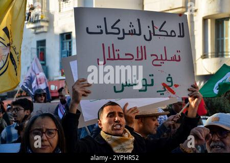 Tunis, Tunisie. 30 novembre 2024. Tunis, Tunisie. 30 novembre 2024. Des affiches appelant à un embargo sur les armes contre Israël sont dressées lors d'une marche pro-palestinienne et pro-libanaise à Tunis. L’événement s’est tenu dans la capitale tunisienne pour protester contre la guerre israélienne contre Gaza et les attaques israéliennes en cours au Liban malgré un cessez-le-feu récent (crédit image : © Hasan mrad/IMAGESLIVE via ZUMA Press Wire) USAGE ÉDITORIAL SEULEMENT ! Non destiné à UN USAGE commercial ! Crédit : ZUMA Press, Inc/Alamy Live News Banque D'Images