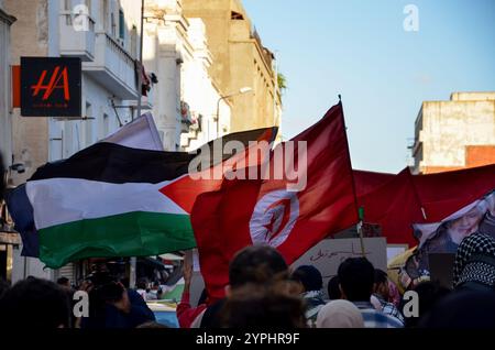 Tunis, Tunisie. 30 novembre 2024. Tunis, Tunisie. 30 novembre 2024. Un rassemblement est organisé dans la capitale tunisienne pour protester contre la guerre israélienne à Gaza et les attaques israéliennes en cours au Liban malgré un cessez-le-feu récent. Les manifestants ont soulevé des symboles de la résistance palestinienne et libanaise tout en appelant à un embargo sur les armes contre Israël et à l'arrestation du premier ministre israélien Netanyahu (crédit image : © Hasan mrad/IMAGESLIVE via ZUMA Press Wire) USAGE ÉDITORIAL SEULEMENT! Non destiné à UN USAGE commercial ! Crédit : ZUMA Press, Inc/Alamy Live News Banque D'Images