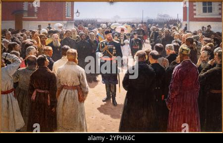 Moscou, Russie - 22 août 2024 : une photographie de la peinture d'Ilya Repin représentant l'empereur Alexandre III rencontrant les anciens du village dans le cou du palais Petrovsky Banque D'Images