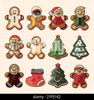 Biscuits classiques de Noël dans un dessin animé plat. Hommes en pain d'épice, arbre de Noël en différentes versions. Vecteur isolé sur fond blanc Illustration de Vecteur