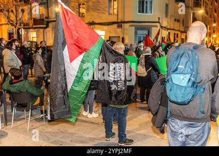 Logroño, la Rioja, Espagne. Vendredi 30 novembre 2024. Manifestation de RESCOP, réseau de solidarité contre l’occupation de la Palestine, dans les rues de Logroño. Les manifestants utilisent des bidons de fumée et des instruments à percussion pour attirer l'attention et perturber la normalité urbaine. Leur but est d'attirer l'attention sur le conflit de Gaza, en dénonçant ce qu'ils considèrent comme un génocide contre le peuple palestinien. L’intervention de rue devient un espace d’expression collective, défiant l’indifférence et exigeant une réponse internationale à la crise palestinienne. Crédit : Mario Martija/Alamy Live News. Banque D'Images