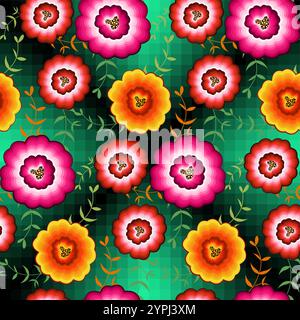 Motif fleuri mexicain sans couture brodé, fleurs indigènes colorées de mode folklorique.Brodé style textile traditionnel du Mexique, vecteur Illustration de Vecteur