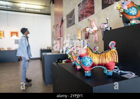 Johannesburg, Afrique du Sud. 29 novembre 2024. Un visiteur voit les expositions lors de l'exposition internationale d'art artisanal 'Belt and Road' à la galerie d'art de l'Université de Johannesburg à Johannesburg, Afrique du Sud, novembre 29, 2024. Le premier arrêt de l'exposition internationale d'art artisanal « Belt and Road », sur le thème « dialogue avec les cultures du monde », s'est ouvert vendredi. Crédit : Shiraaz Mohamed/Xinhua/Alamy Live News Banque D'Images