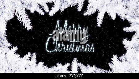 Image de neige tombant sur le joyeux texte de noël et branches de sapin Banque D'Images