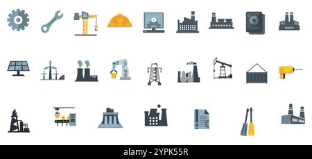 Un ensemble complet d'icônes industrielles et de construction, y compris des outils, des machines, des symboles énergétiques et des éléments technologiques. Idéal pour représenter Illustration de Vecteur