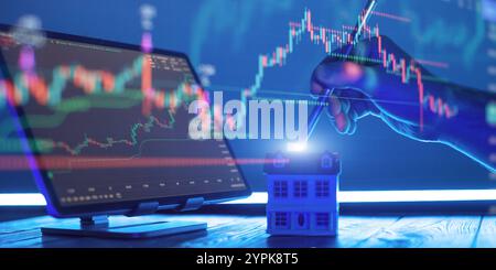 Investissement immobilier et analyse du marché boursier 2025 main avec Stylus mettant en évidence les opportunités de croissance dans le logement Banque D'Images