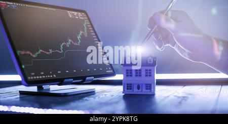Investissement immobilier et analyse du marché boursier 2025 main avec Stylus mettant en évidence les opportunités de croissance dans le logement Banque D'Images