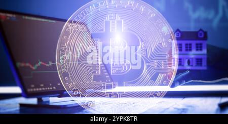 Bitcoin et concept d'investissement immobilier Cryptocurrency intégration avec les tendances du marché boursier et le symbolisme de la propriété dans un futuriste Banque D'Images