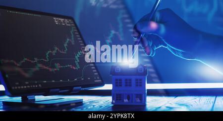 Investissement immobilier et analyse du marché boursier 2025 main avec Stylus mettant en évidence les opportunités de croissance dans le logement Banque D'Images