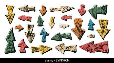 Dessin au crayon de jeu de flèches. Pointeurs de direction pour jeu. Repères isolés sur fond blanc. Illustration vectorielle dessinée à la main Illustration de Vecteur