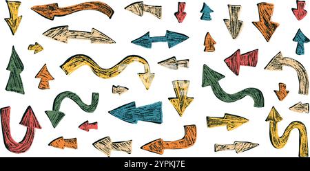 Dessin au crayon de jeu de flèches. Pointeurs de direction pour jeu. Eléments de gribouillage naïfs de navigation. Repères isolés sur fond blanc. Illustration vectorielle dessinée à la main Illustration de Vecteur