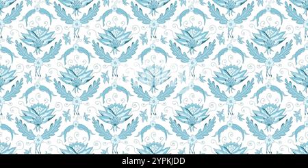 Motif sans couture floral Chinoiserie. Fleurs monochrome répétition couverture de fond. Motif de surface motif de jardin bleu moderne de fleurs sauvages. Illustration vectorielle dessinée à la main. Illustration de Vecteur