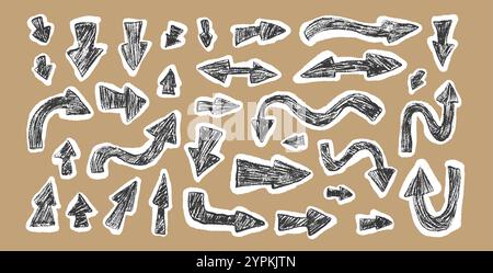 Pointeurs de dessin de crayon de collage de flèche isolés. Marques de navigation. Griffonner les affiches en papier gribouillé. Illustration vectorielle dessinée à la main Illustration de Vecteur