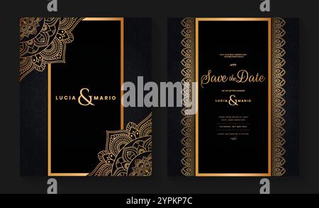 Design de carte d'invitation de mariage de luxe avec mandala doré et motif abstrait, style de fond oriental islamique arabe, mandala ornemental décoratif fo Illustration de Vecteur