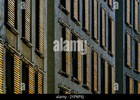 Façade industrielle avec volets répétitifs en bois jaune créant un design symétrique et texturé Banque D'Images