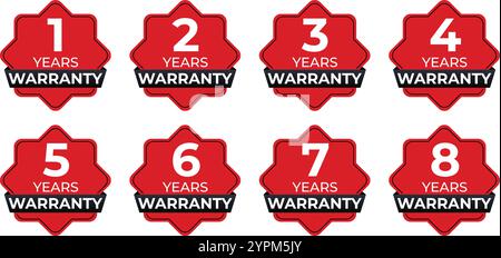 Jeu d'autocollants de garantie - 1, 2, 3, 4, 5, et 9 ans dans Red Hexagon Vector Design pour l'assurance qualité des produits Illustration de Vecteur