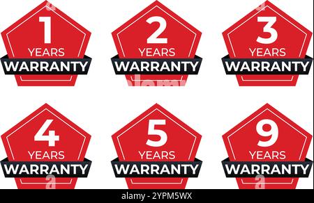 Jeu d'autocollants de garantie - 1, 2, 3, 4, 5, et 9 ans dans Red Hexagon Vector Design pour l'assurance qualité des produits Illustration de Vecteur