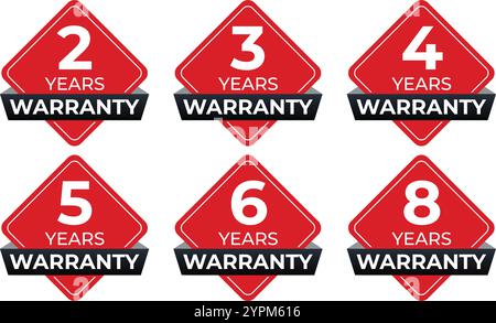 Jeu d'autocollants de garantie - 1, 2, 3, 4, 5, et 9 ans dans Red Hexagon Vector Design pour l'assurance qualité des produits Illustration de Vecteur