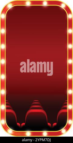 Panneau blanc de cinéma rouge avec sièges et lumières de bordure montrant l'annonce de l'événement Illustration de Vecteur