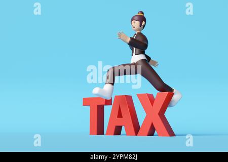 Figure de dessin animé féminin sautant sur la TAXE DE texte rouge en fond bleu. Illustration de la notion d'évasion fiscale, d'allégement fiscal et de fiscalité Banque D'Images