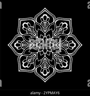 Mandala blanc sur fond noir, motif stencil Doodles Sketch, motifs d'ornement rond pour henné, Mehndi, tatouage Illustration de Vecteur