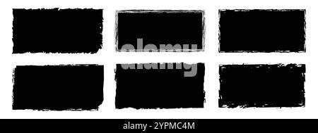 Coup de pinceau, pinceau à encre, lignes grunge. Formes rectangulaires noires avec bordures déchiquetées sur fond blanc. Boîtes de grunge vintage pour collage. Illustration de Vecteur