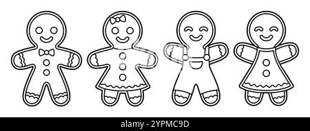 Ensemble de biscuits mignons en pain d'épice de dessin animé homme et femme. Icônes de ligne noir et blanc, dessin de contour pour la coloration. Illustration vectorielle de Noël. Illustration de Vecteur