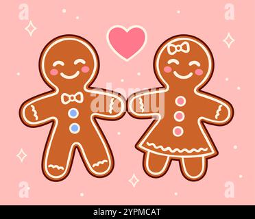 Mignon dessin animé en pain d'épice homme et femme couple dans l'amour. Illustration vectorielle drôle de cookie de Noël. Illustration de Vecteur