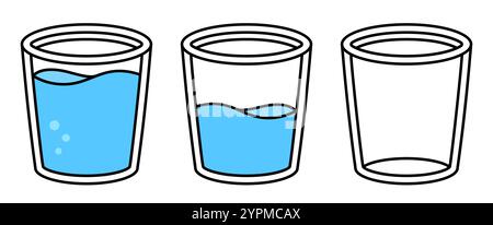 Trois verres d'eau : vide, à moitié plein et plein. Icône de ligne de dessin animé, illustration clipart vectorielle isolée. Illustration de Vecteur