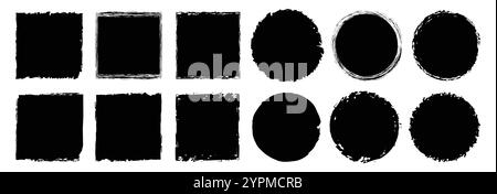 Collection de rectangles grunge noirs, formes de cercles sur fond blanc. Collection de tampons de pinceau. Rectangle de pinceau vectoriel, cercle. Illustration de Vecteur