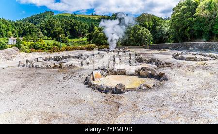 Une vue des fumerolles dans la ville de Furnas sur l'île de San Miguel dans les Açores en été Banque D'Images